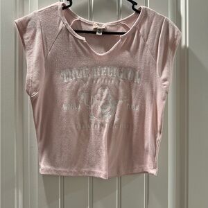 True Religion Buddha Logo Notch Rib Pink Crop T-Shirt